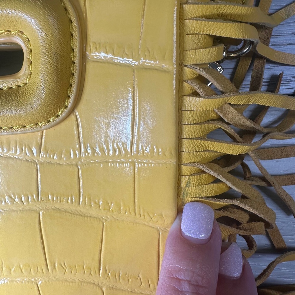 Maje mini embossed leather M bag cross body shoulder handbag yellow purse fringe - Picture 8 of 15